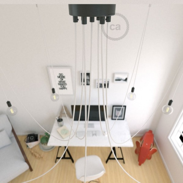 Spider, multiple suspension with 7 pendants, black metal, RM01 White cable