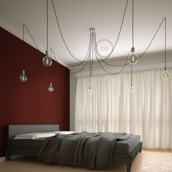 Spider, multiple suspension with 7 pendants, chromed metal, RM04 Black cable