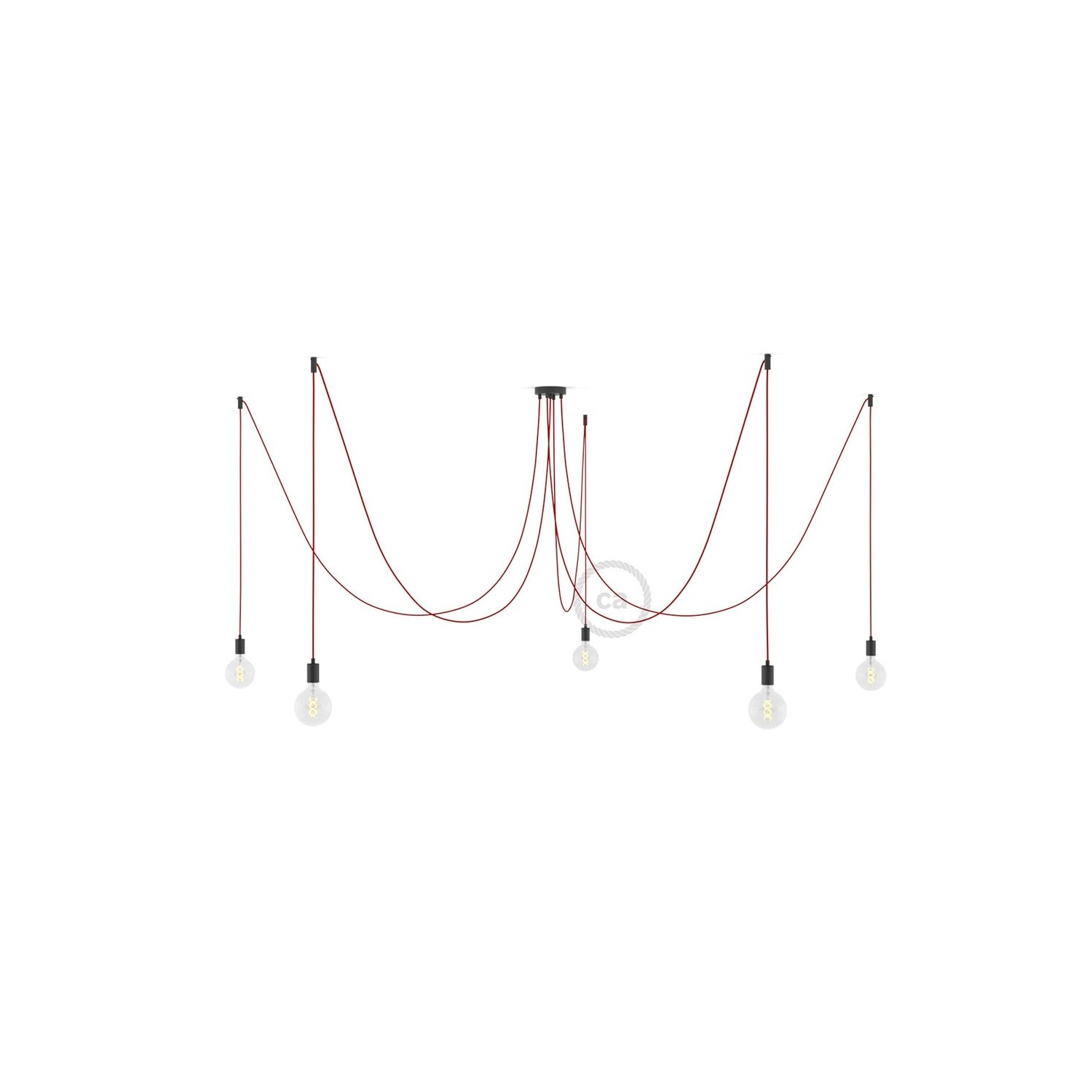 Spider, multiple suspension with 5 pendants, black metal, RM09 Red cable