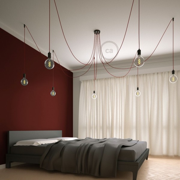 Spider, multiple suspension with 7 pendants, black metal, RM09 Red cable
