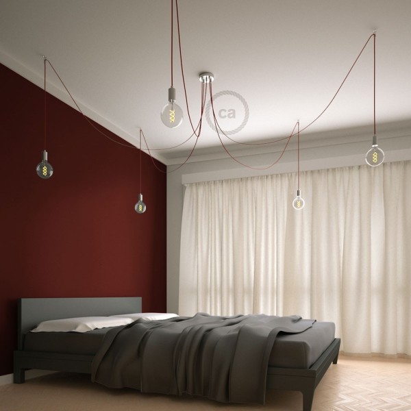 Spider, multiple suspension with 5 pendants, chromed metal, RM09 Red cable