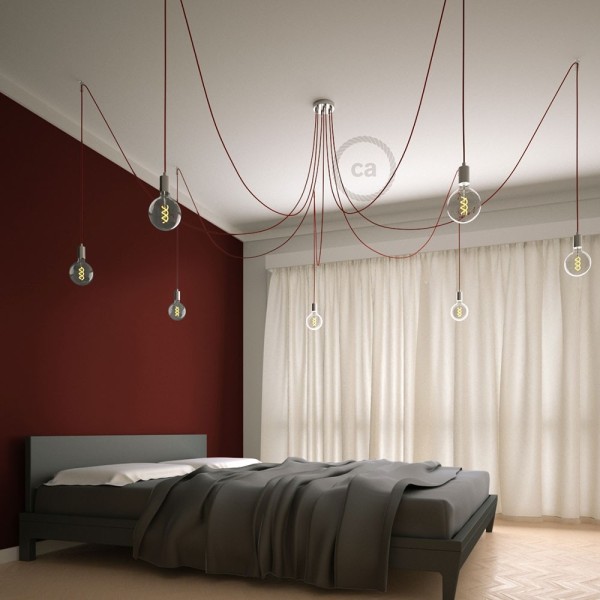 Spider, multiple suspension with 7 pendants, chromed metal, RM09 Red cable