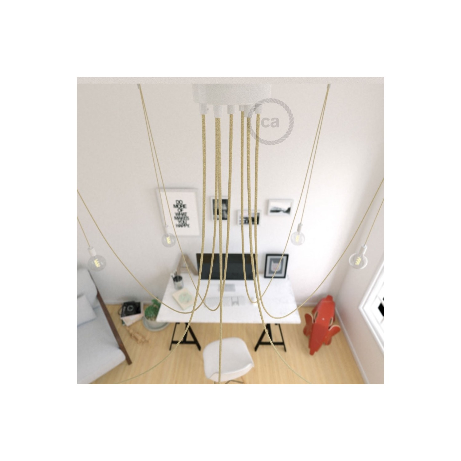 Spider, multiple suspension with 7 pendants, white metal, RN06 Jute cable