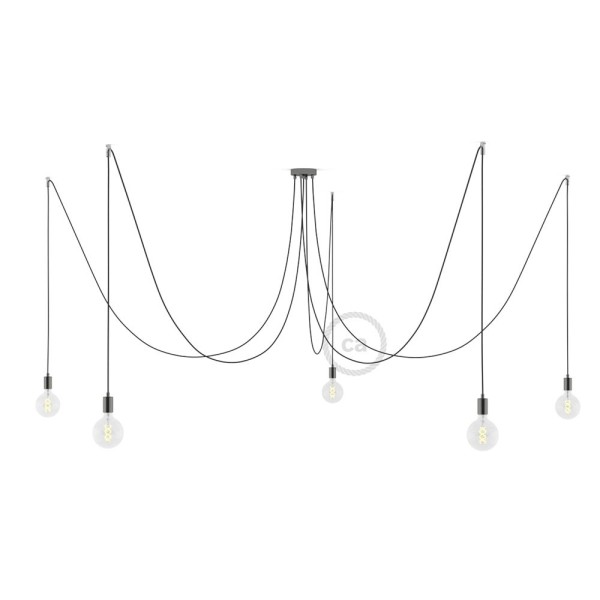Spider, multiple suspension with 5 pendants, black pearl metal, RL03 Gray Glitter cable