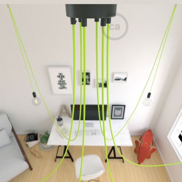 Spider, multiple suspension with 6 pendants, black metal, RF10 Neon Yellow cable
