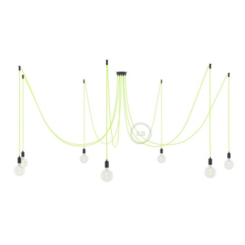 Spider, multiple suspension with 7 pendants, black metal, RF10 Neon Yellow cable