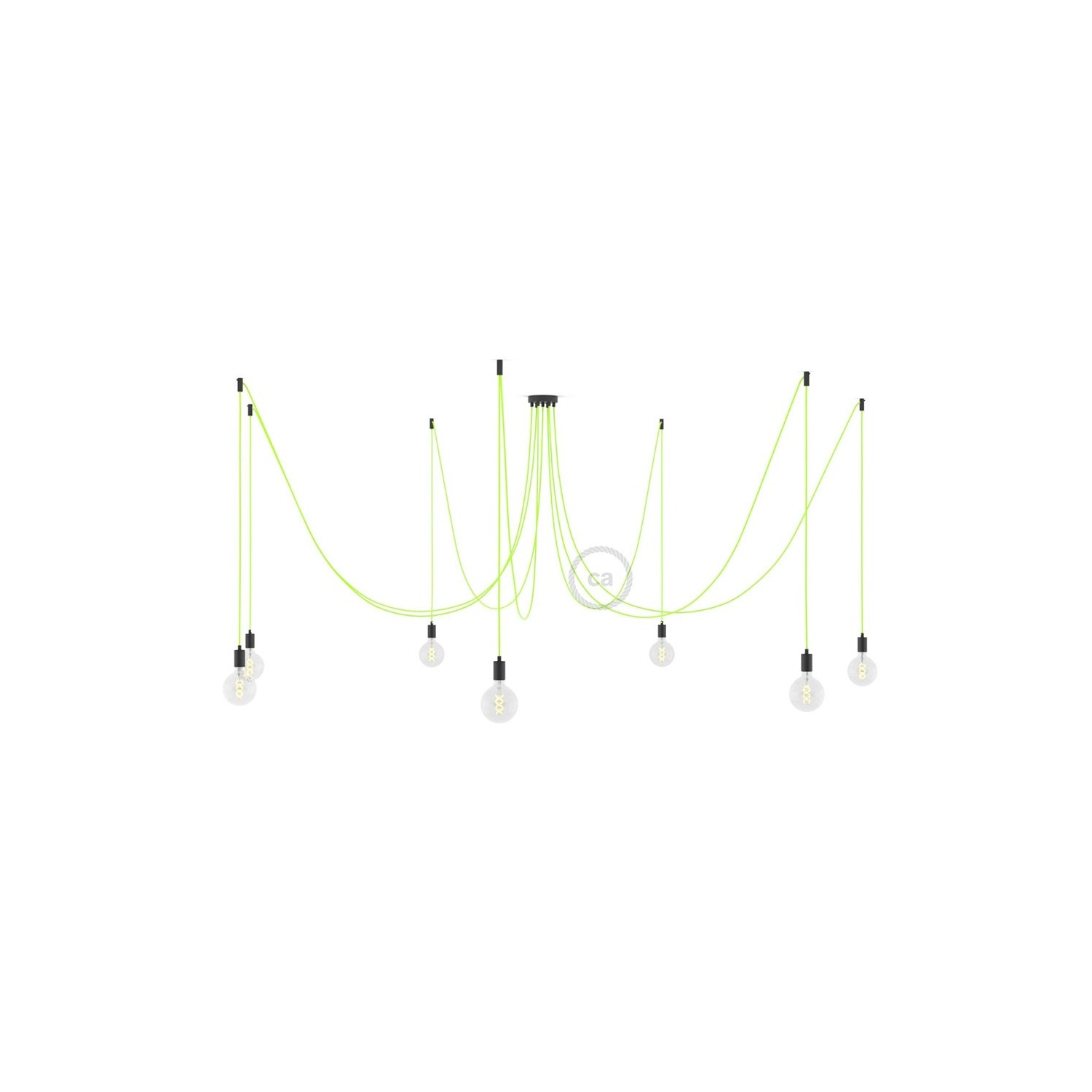 Spider, multiple suspension with 7 pendants, black metal, RF10 Neon Yellow cable