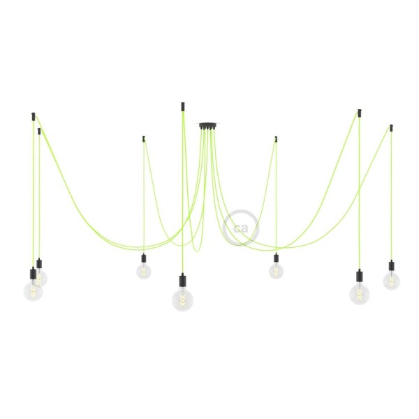 Spider, multiple suspension with 7 pendants, black metal, RF10 Neon Yellow cable