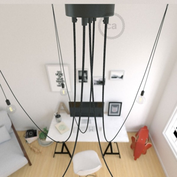 Spider, multiple suspension with 5 pendants, black metal, RN03 Charcoal cable