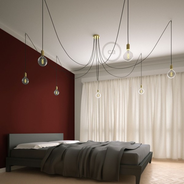 Spider, multiple suspension with 7 pendants, brass metal, RL04 Black Glitter cable