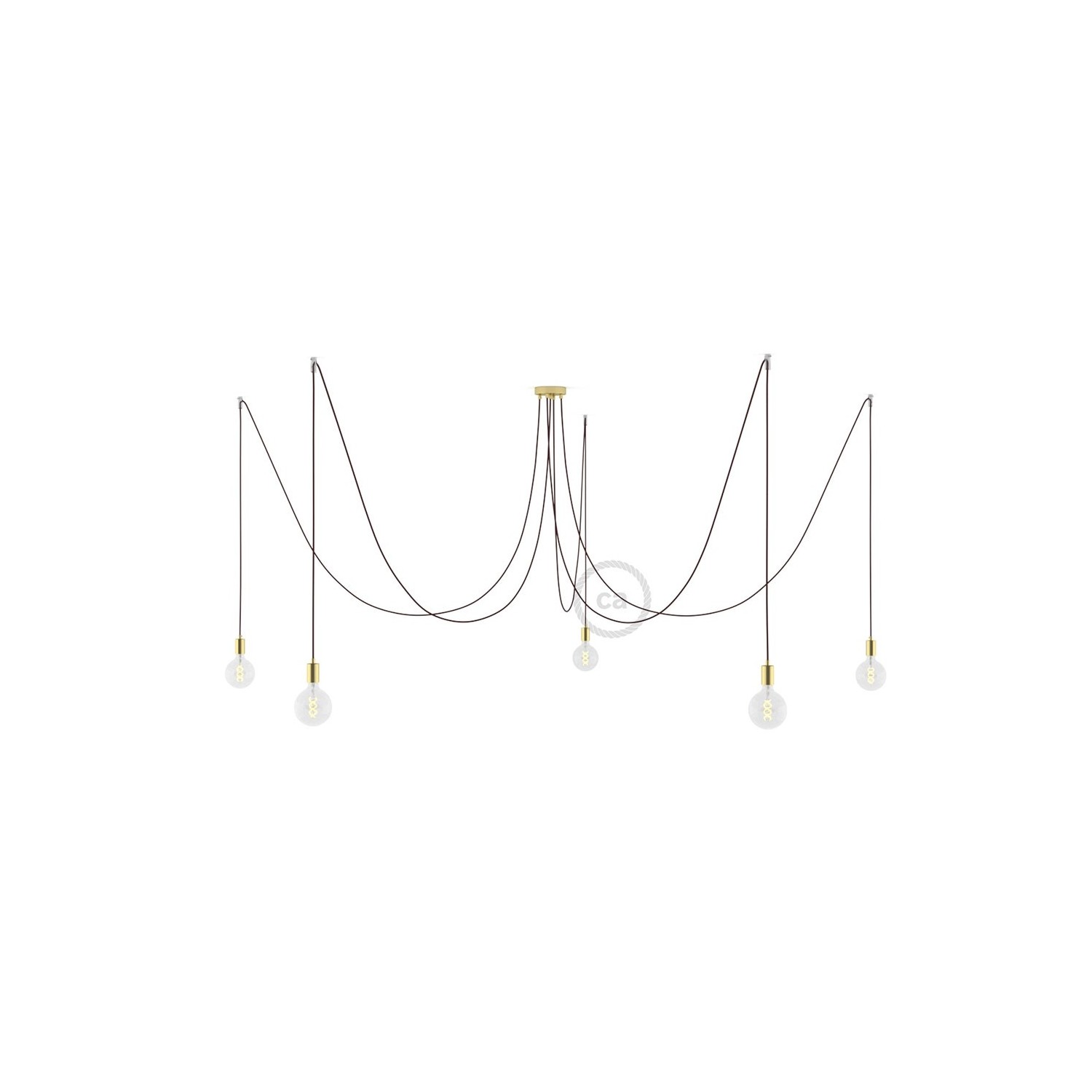 Spider, multiple suspension with 5 pendants, brass metal, RM19 Burgundy cable