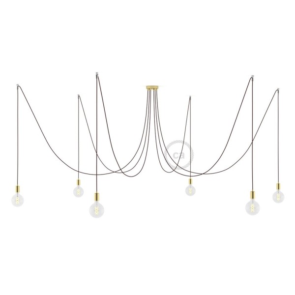 Spider, multiple suspension with 6 pendants, brass metal, RM19 Burgundy cable