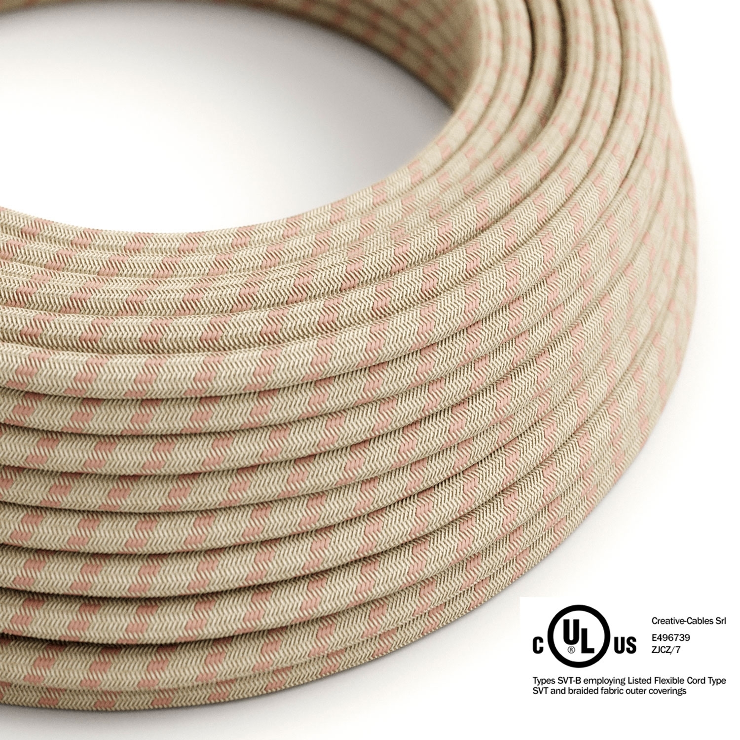 Natural & Pink Linen Stripe covered Round electric cable - RD51