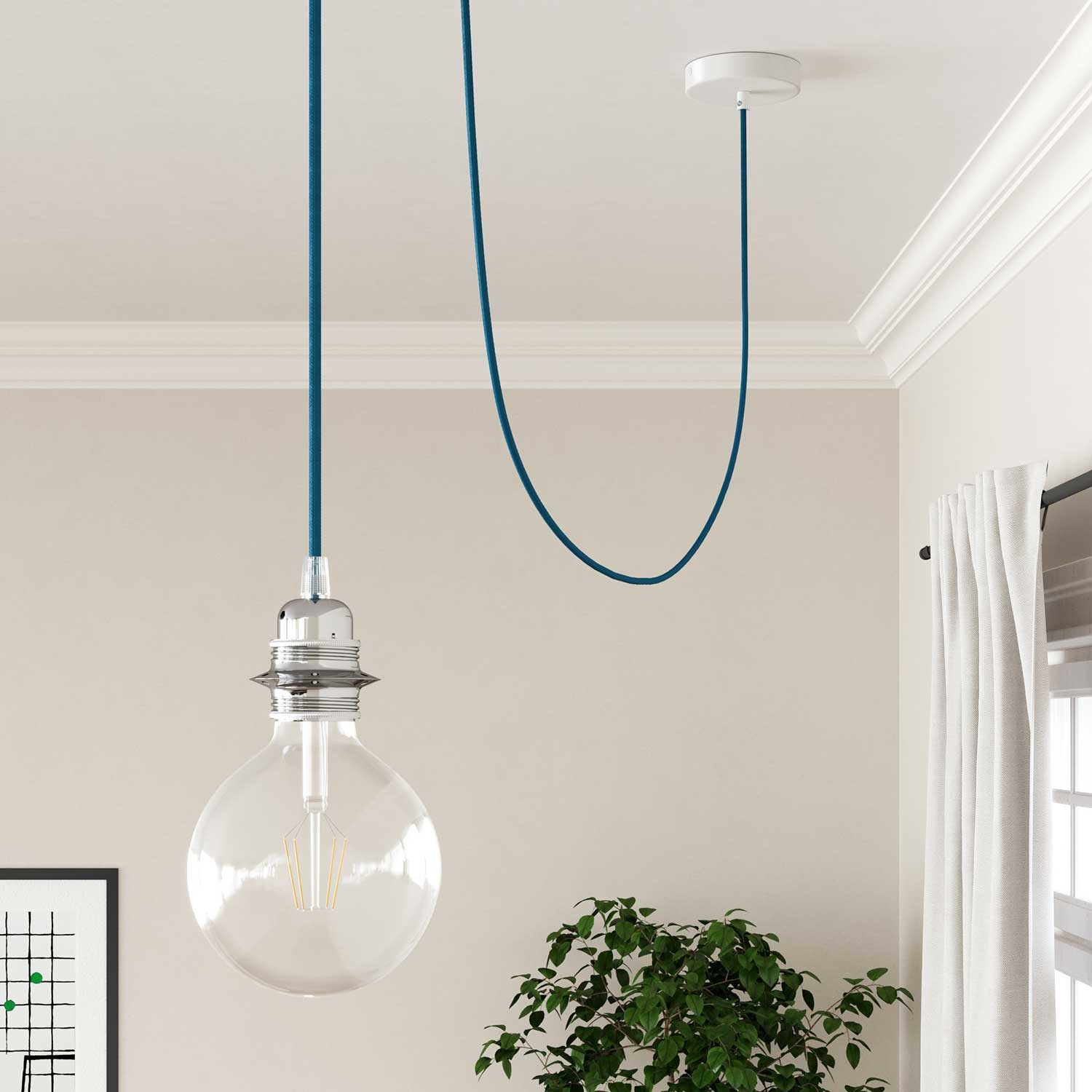Single Pendant suspended lamp with Light Blue Rayon textile cable RM11