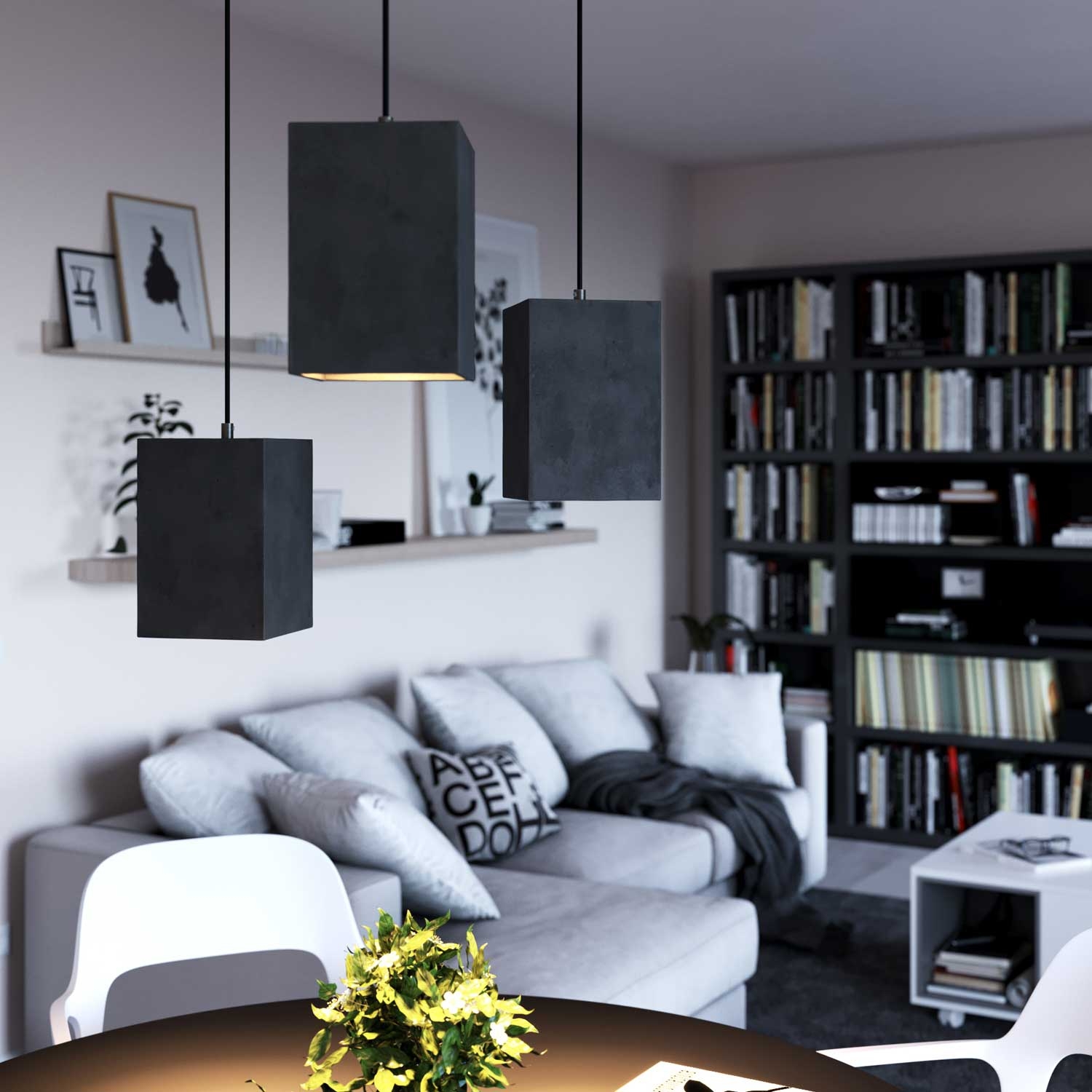 Pendant lamp with textile cable, Cube cement lampshade and metal finishes