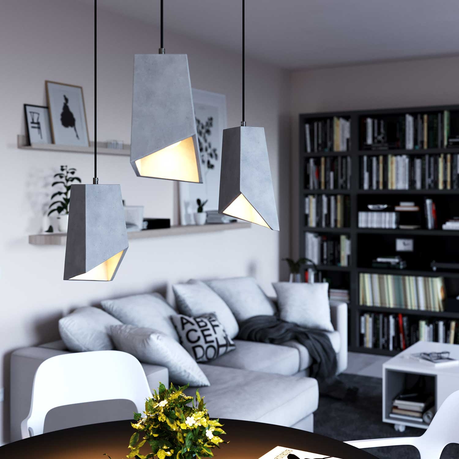 Pendant lamp with textile cable, Prisma cement lampshade and metal finishes