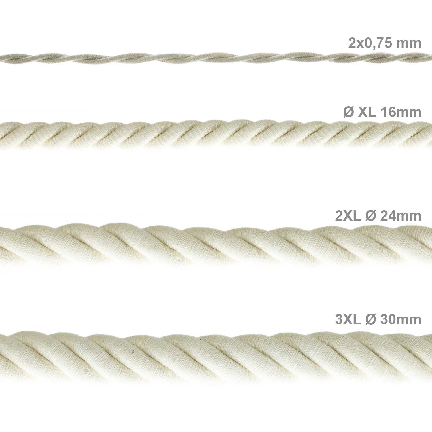 2XL Rope electrical wire 18/3 AWG wire inside. Raw Cotton Fabric. 24mm.