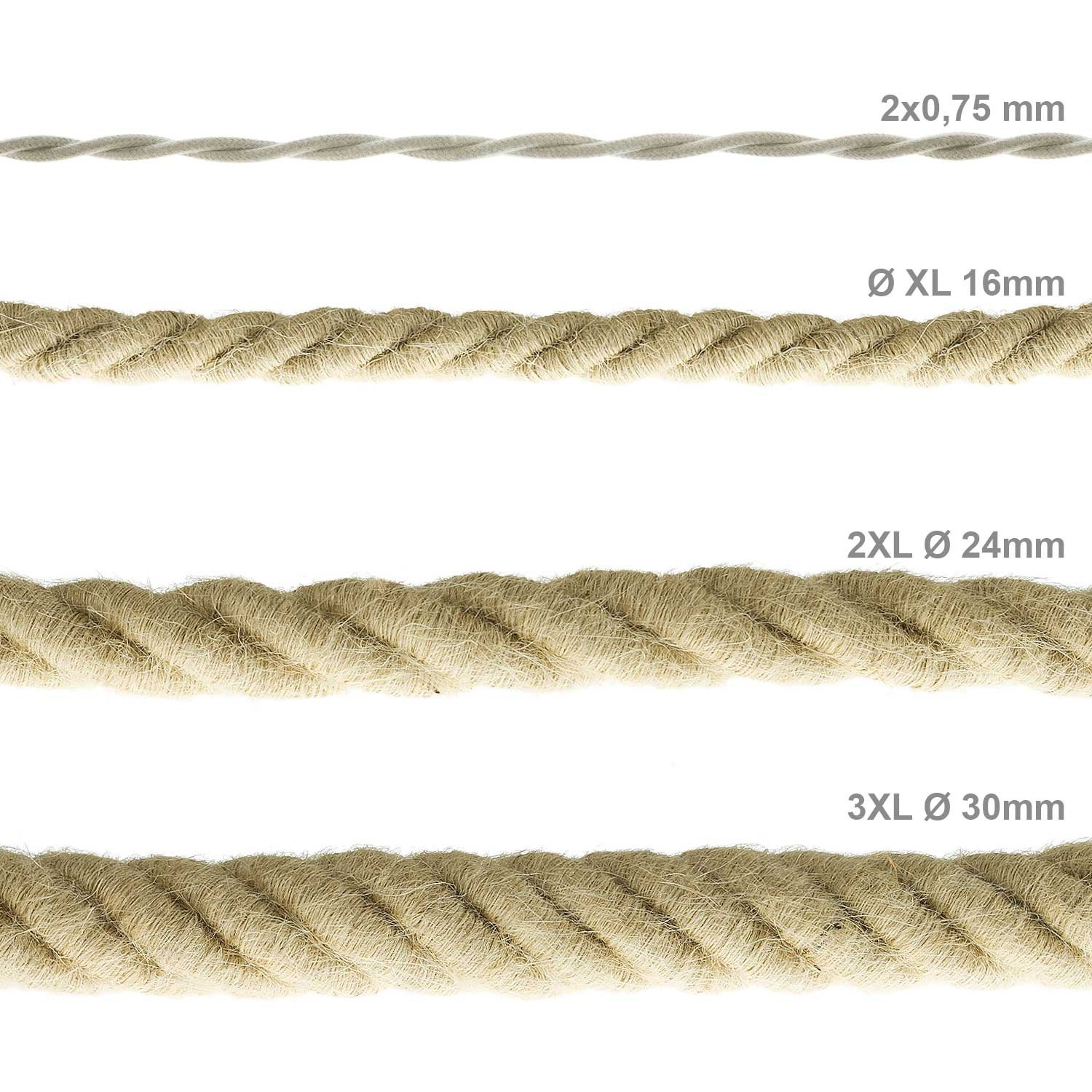 3XL Rope electrical wire 18/3 AWG wire inside. Rough Jute Fabric. 30mm.