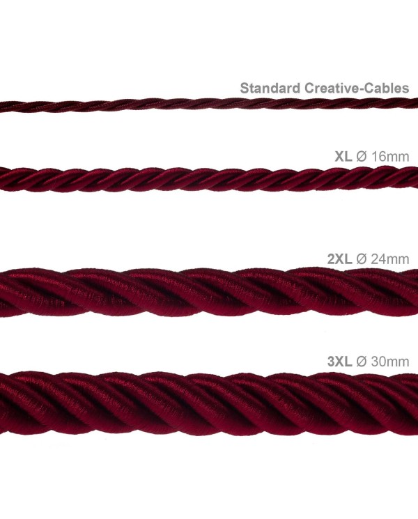 2XL Rope electrical wire 18/3 AWG wire inside. Shiny Dark Bordeaux Fabric. 24mm.