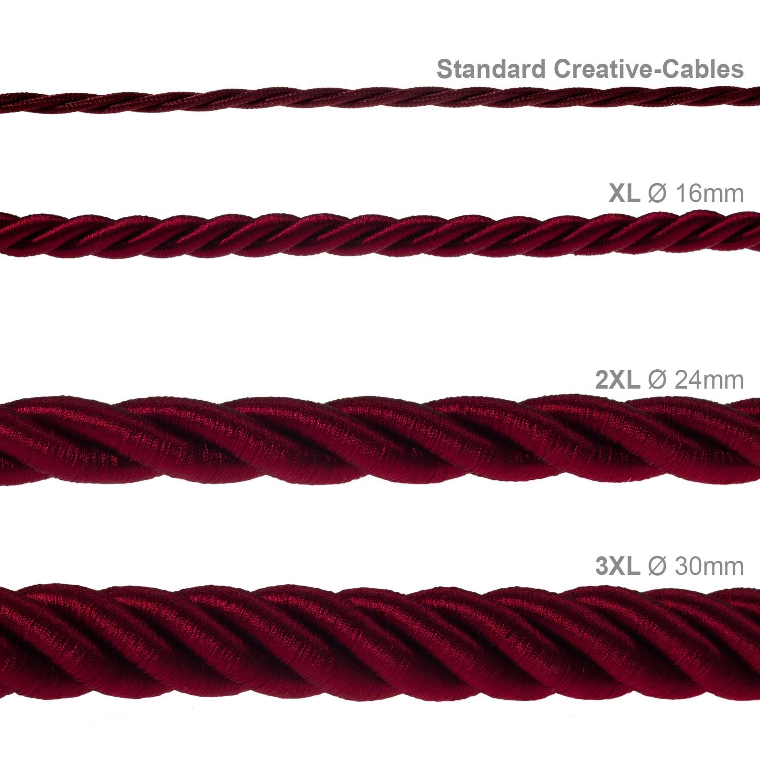 3XL Rope electrical wire 18/3 AWG wire inside. Shiny Dark Bordeaux Fabric. 30mm.