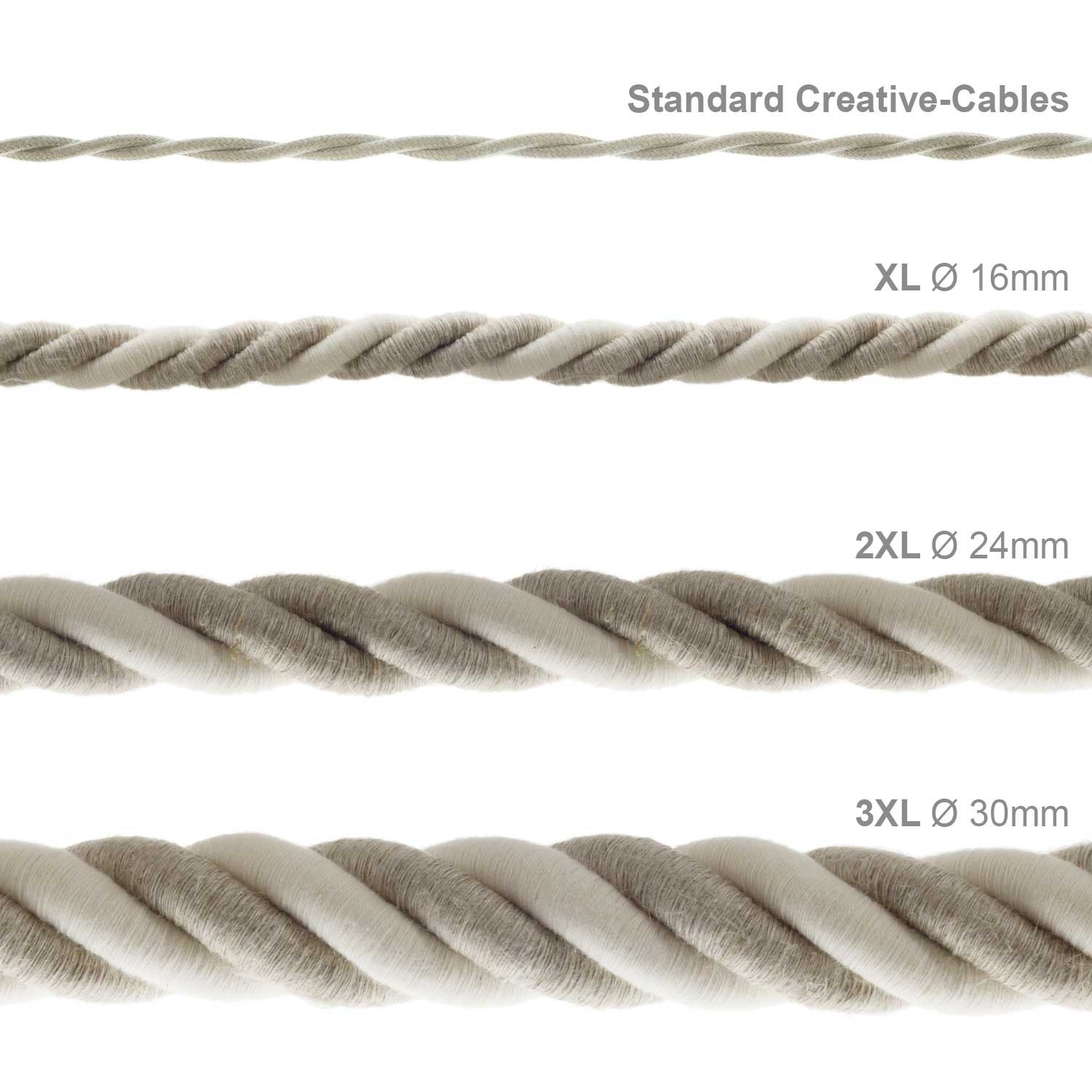 2XL Rope electrical wire 18/3 AWG wire inside. Natural Linen and Raw Cotton Fabric. 24mm.