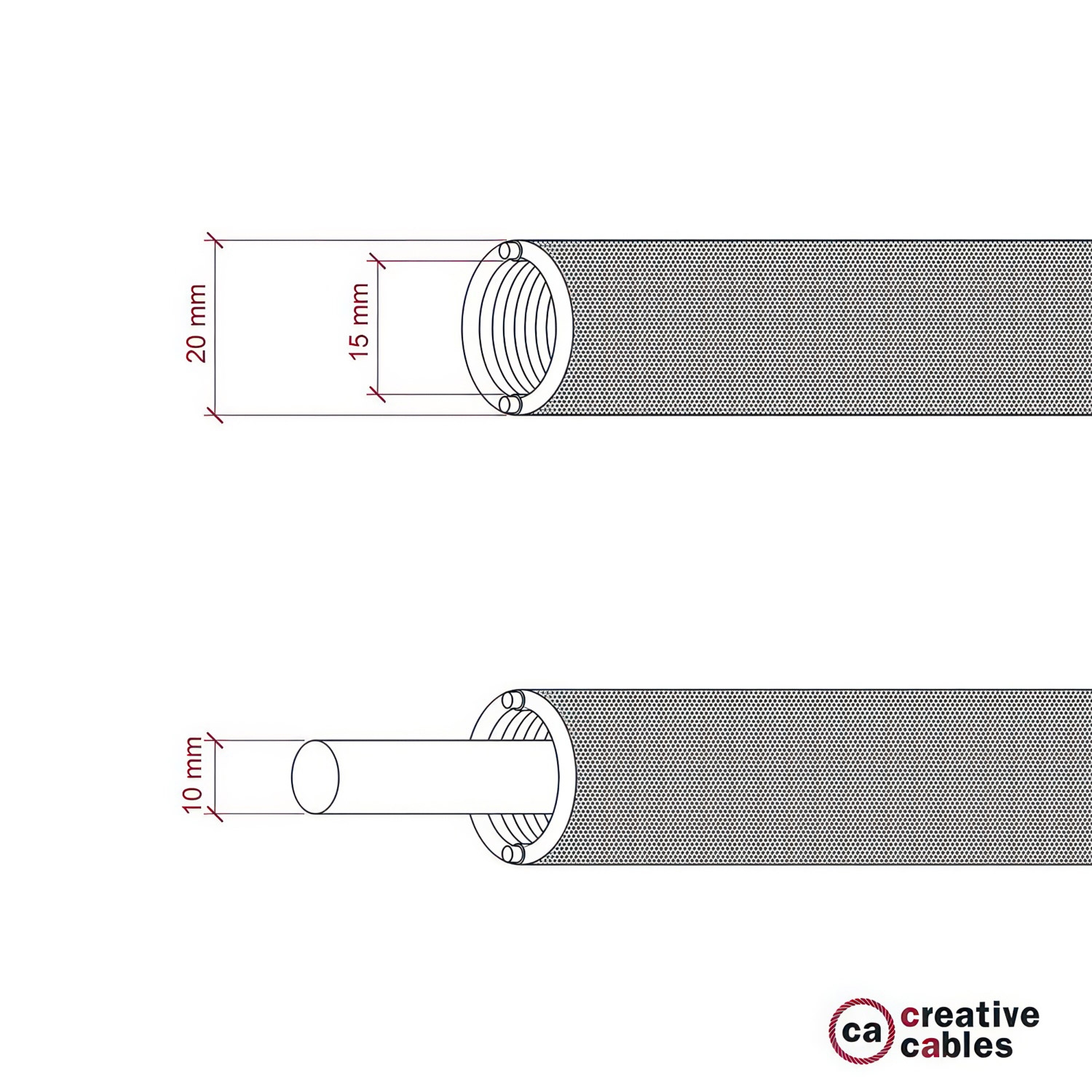 Creative-Tube flexible conduit, Red Rayon (RM09) fabric covering, 20 mm diameter
