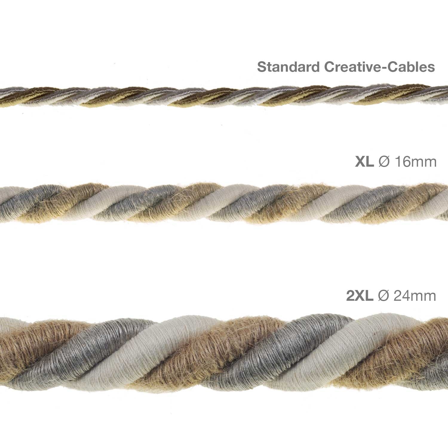 XL Rope electrical wire 18/3 AWG wire inside. Natural linen, cotton fabric and jute covering Country. 16mm.
