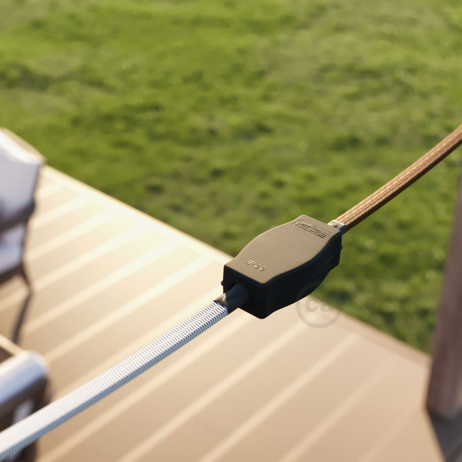 Junction box for string lights with adaptors for round and flat cables