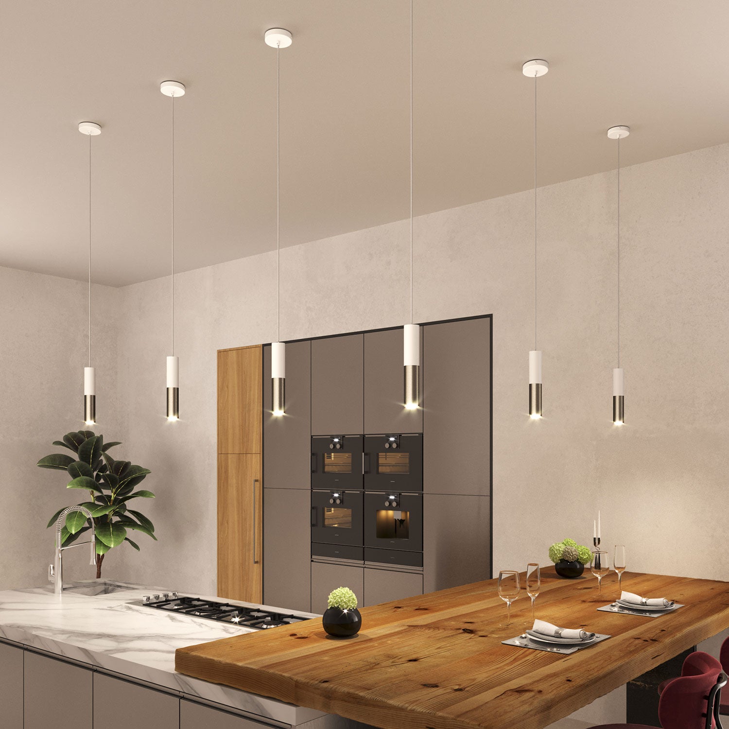 Tub-E12, spotlight double metal tube, with double E12 socket ring - Matt White and Brushed titanium