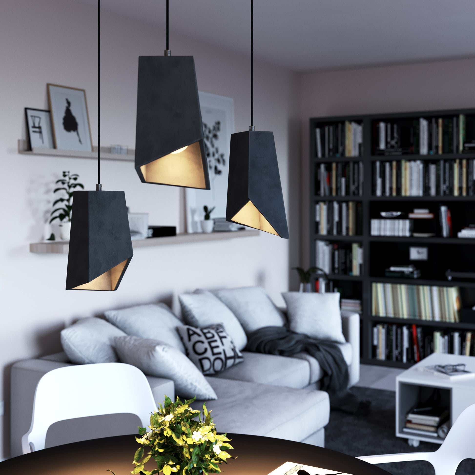 Pendant lamp with textile cable, Prisma cement lampshade and metal finishes - Dark cement