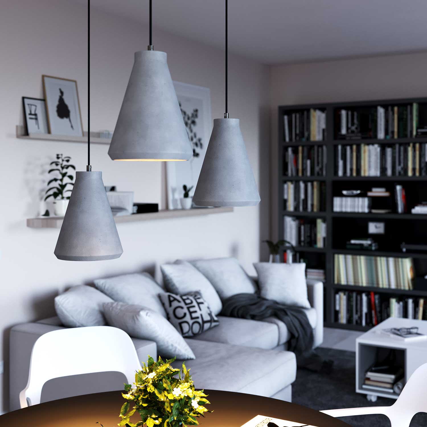 Pendant lamp with textile cable, Funnel cement lampshade and metal details - Light cement