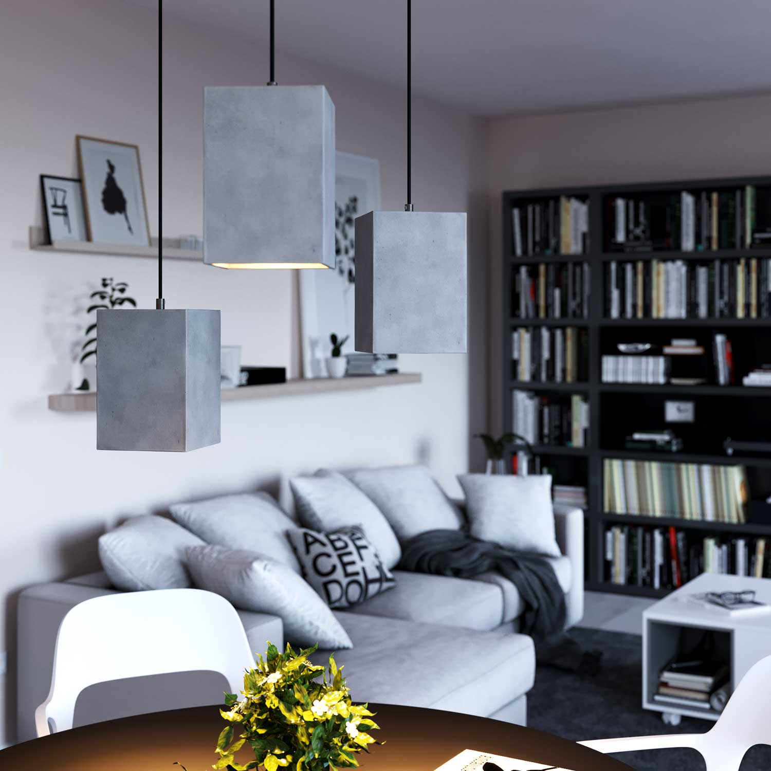 Pendant lamp with textile cable, Cube cement lampshade and metal finishes - Light cement