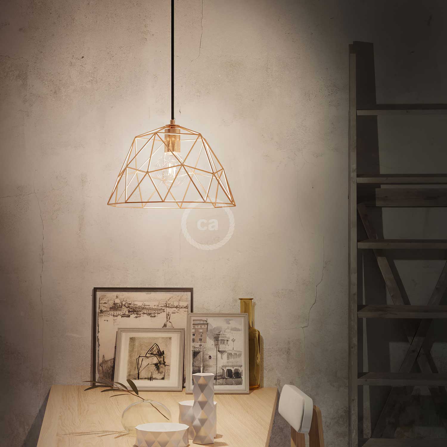 Pendant lamp with textile cable, Dome lampshade and metal details - Copper