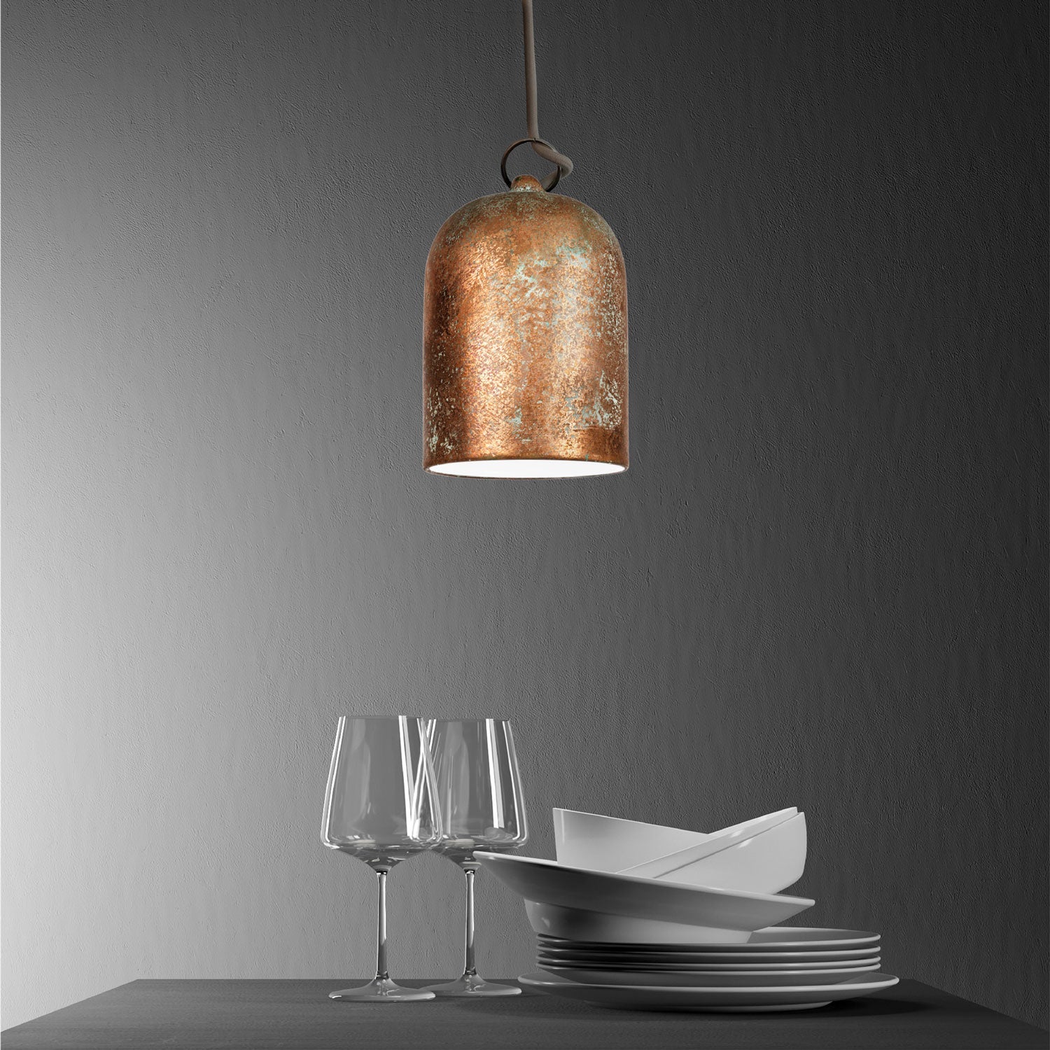 Pendant lamp with textile cable and lampshade Mini Bell XS ceramic shade - Copper green effect