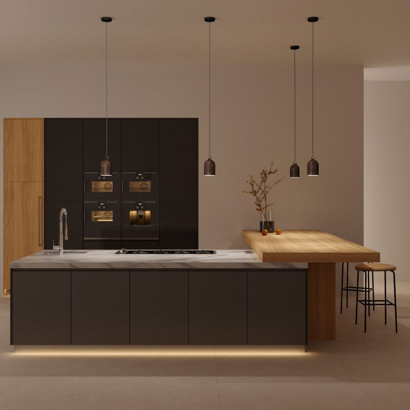 Pendant lamp with textile cable and lampshade Mini Bell XS ceramic shade - Corten effect