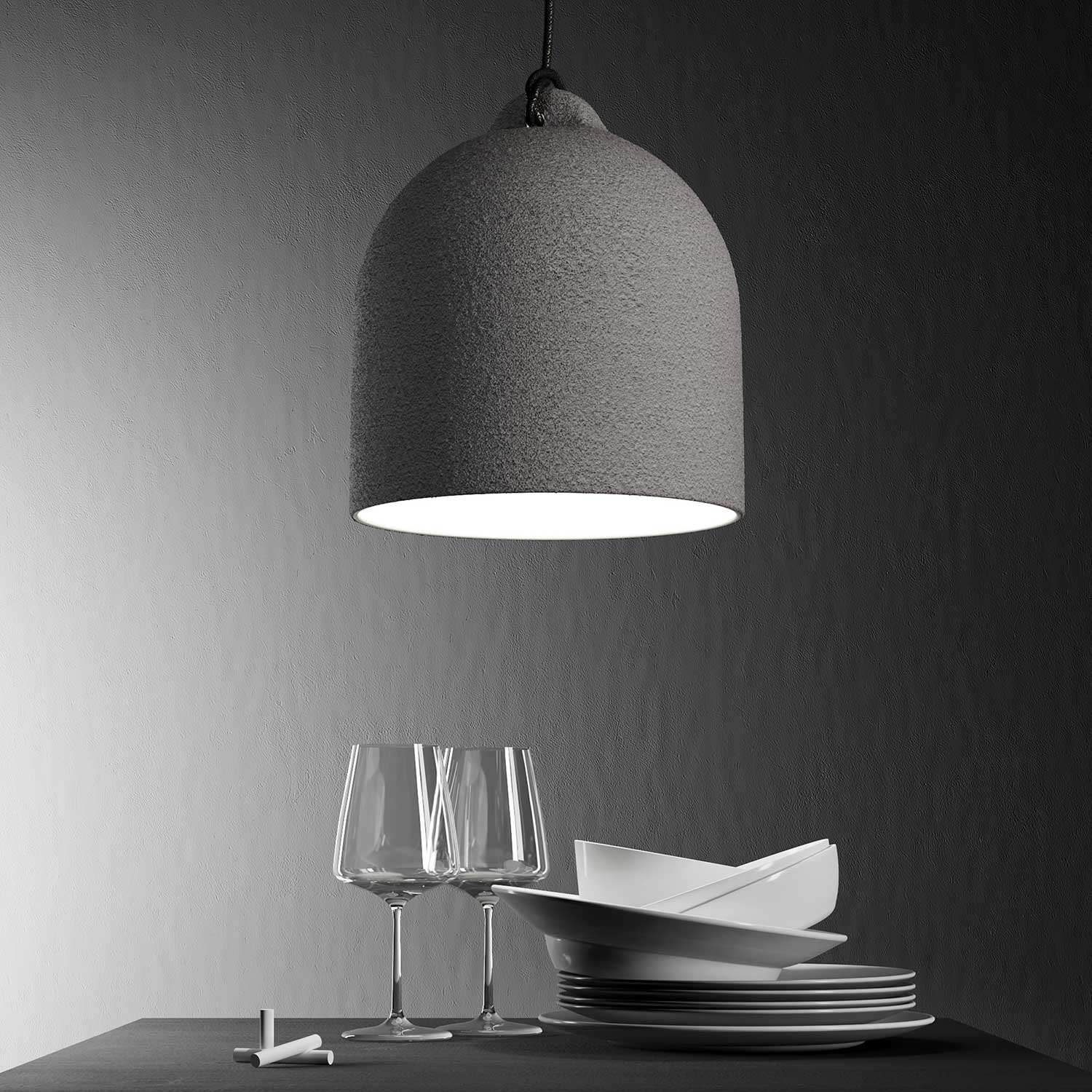 Pendant lamp with textile cable and lampshade Bell M in ceramic - Cement effect