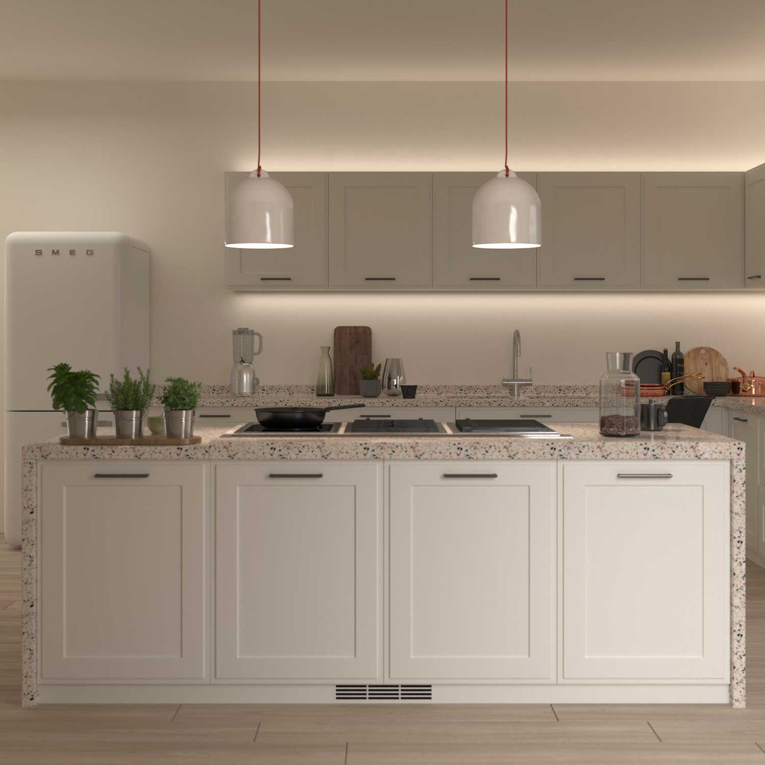 Pendant lamp with textile cable and lampshade Bell M in ceramic - Glossy white