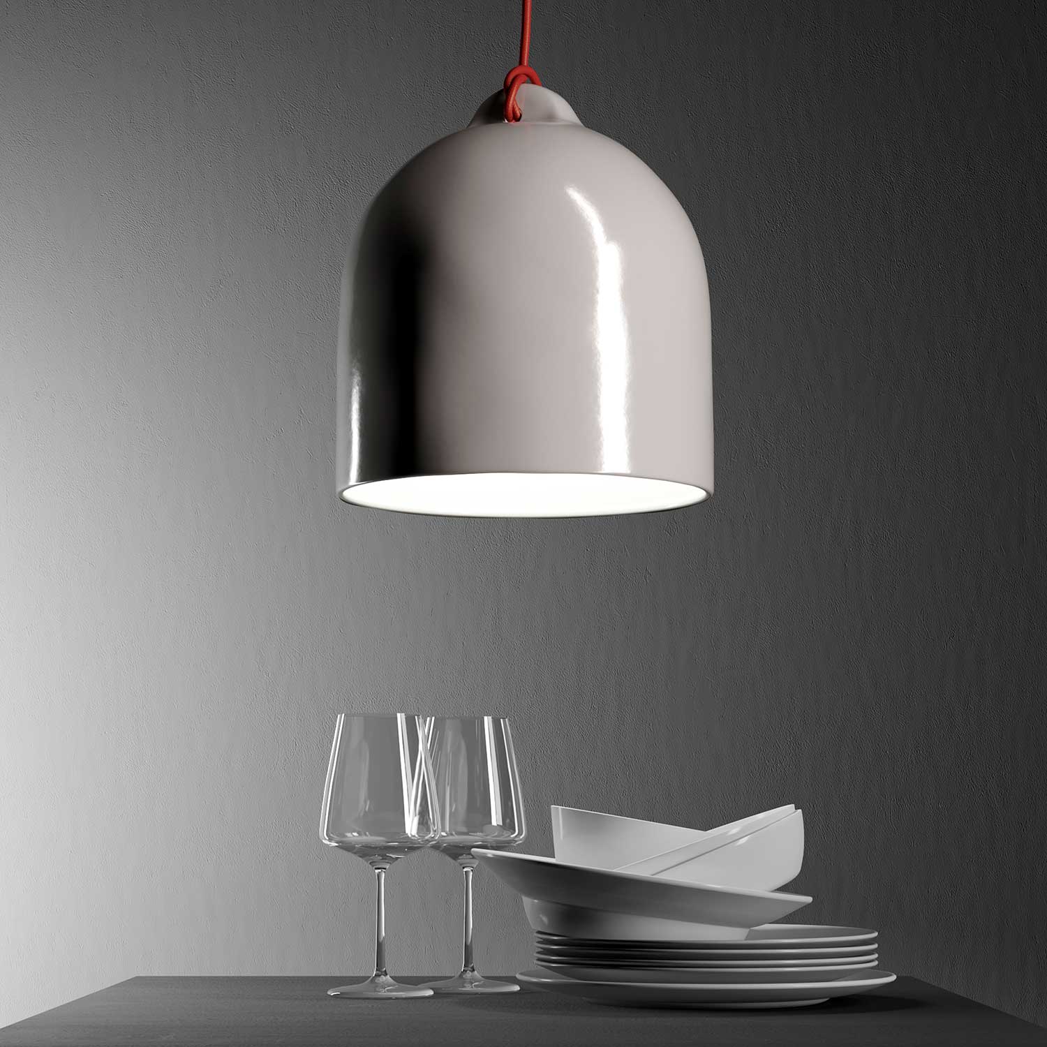 Pendant lamp with textile cable and lampshade Bell M in ceramic - Glossy white