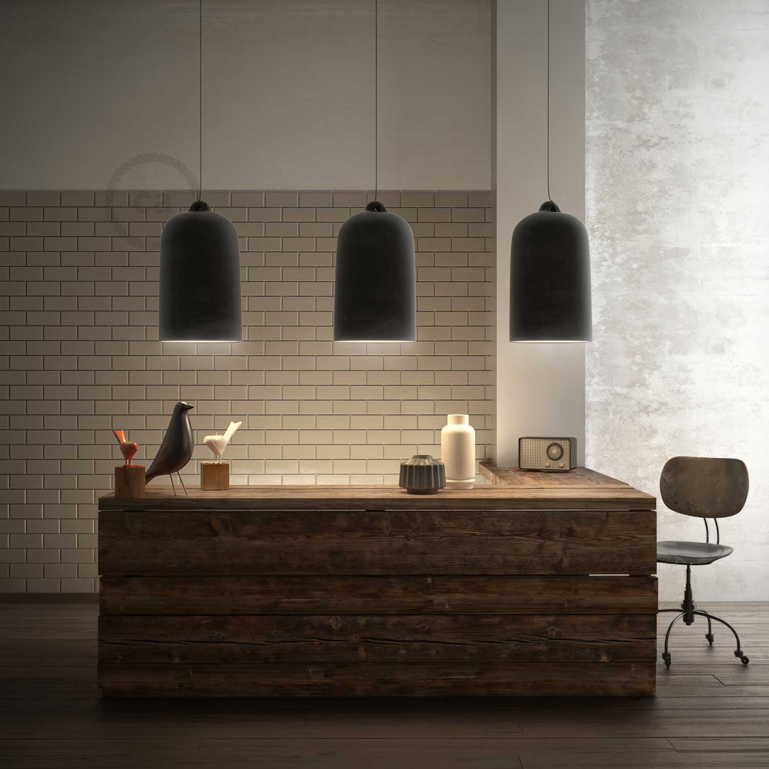 Pendant lamp with textile cable and Bell XL ceramic lampshade - Blackboard