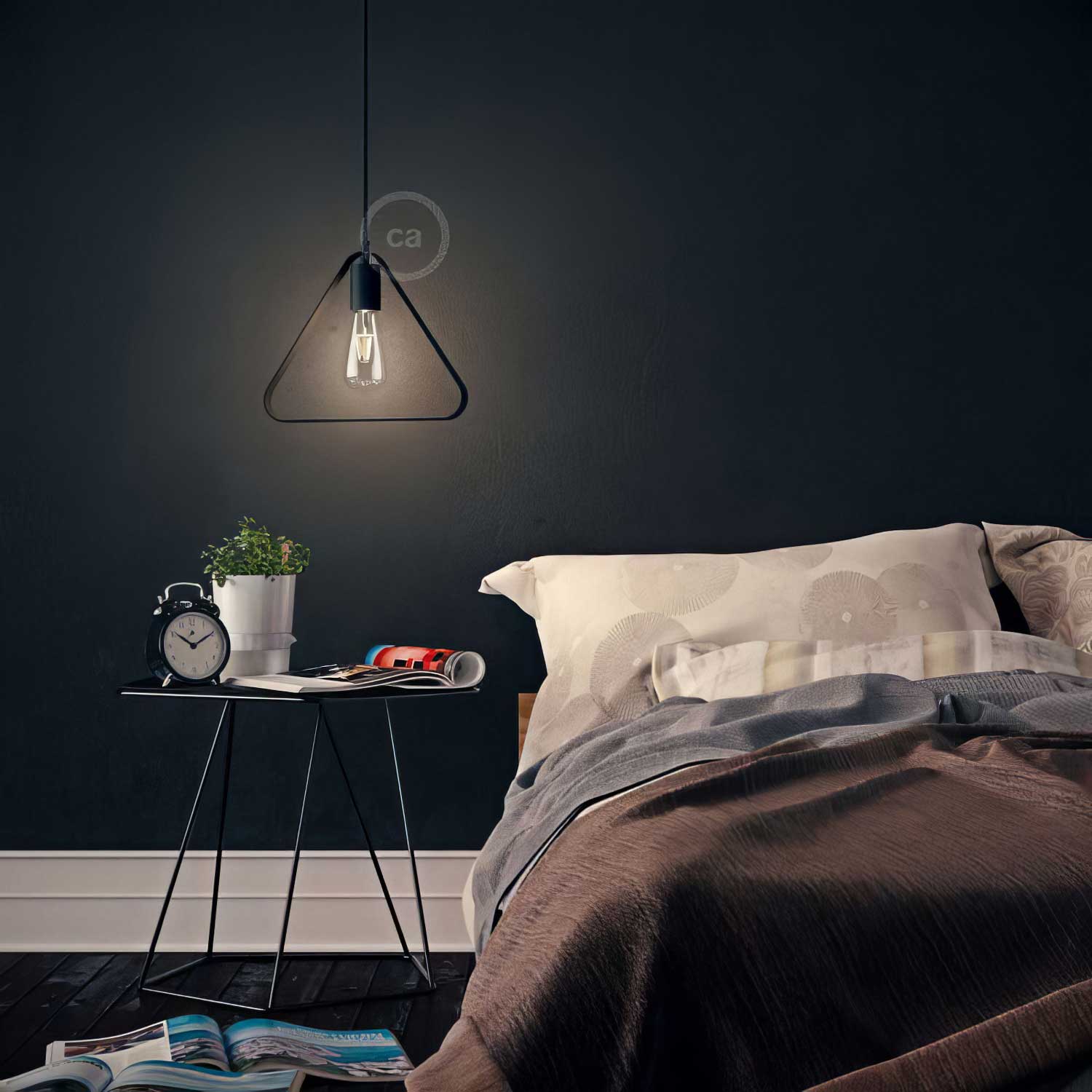 Pendant lamp with textile cable, Duedì Apex lampshade and metal details - Black