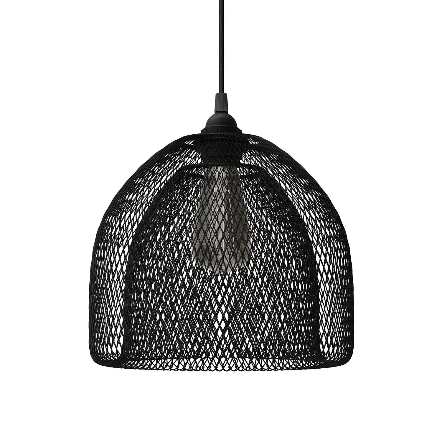 Pendant lamp with textile cable, Ghostbell XL cage lampshade and metal details - Black