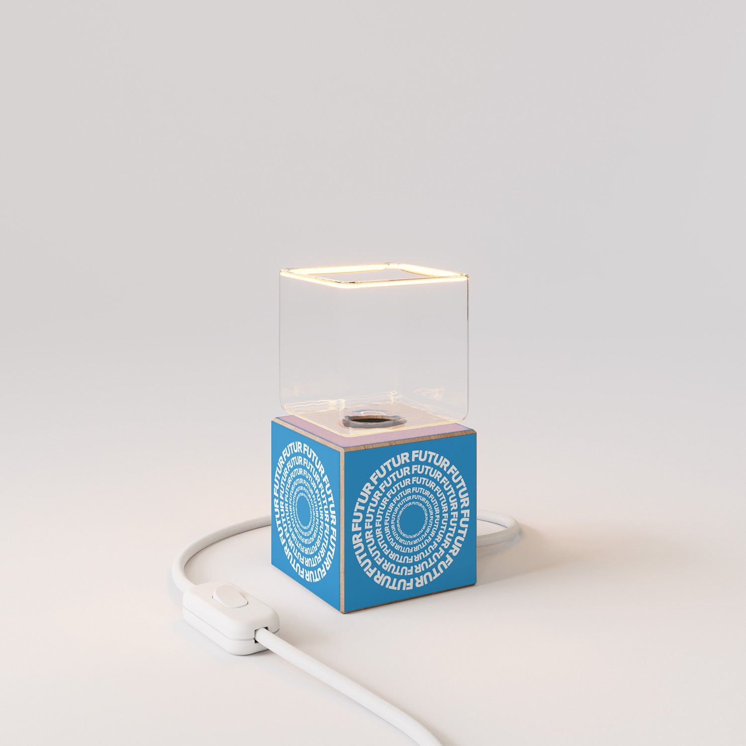 Cubetto table lamp with US plug, "Futur" Ghost bulb - Futur Festival