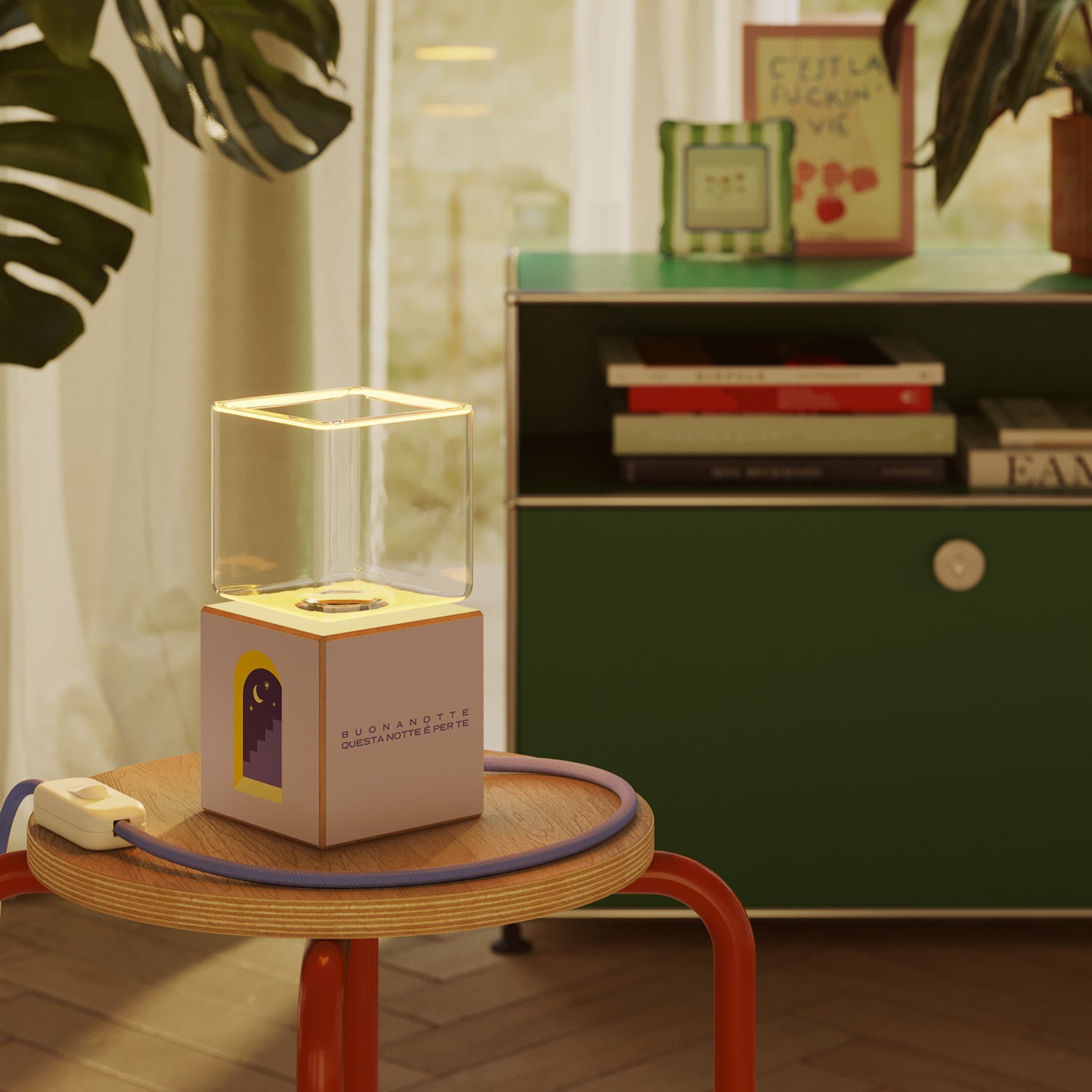 Cubetto table lamp with US plug, "Buonanotte fiorellino" Ghost bulb - Santomanifesto