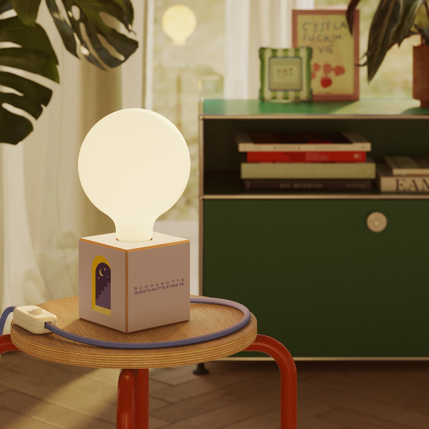 Cubetto table lamp with US plug, "Buonanotte fiorellino" porcelain effect globe bulb - Santomanifesto