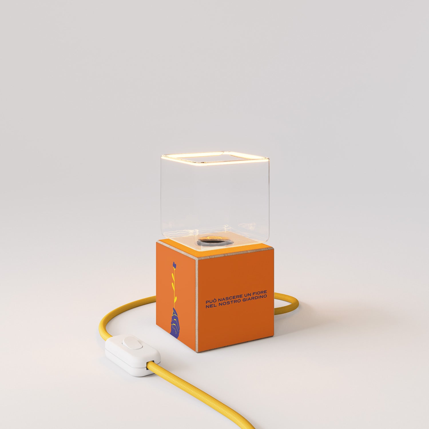 Cubetto table lamp with US plug, "Può nascere un fiore" Ghost bulb - Santomanifesto