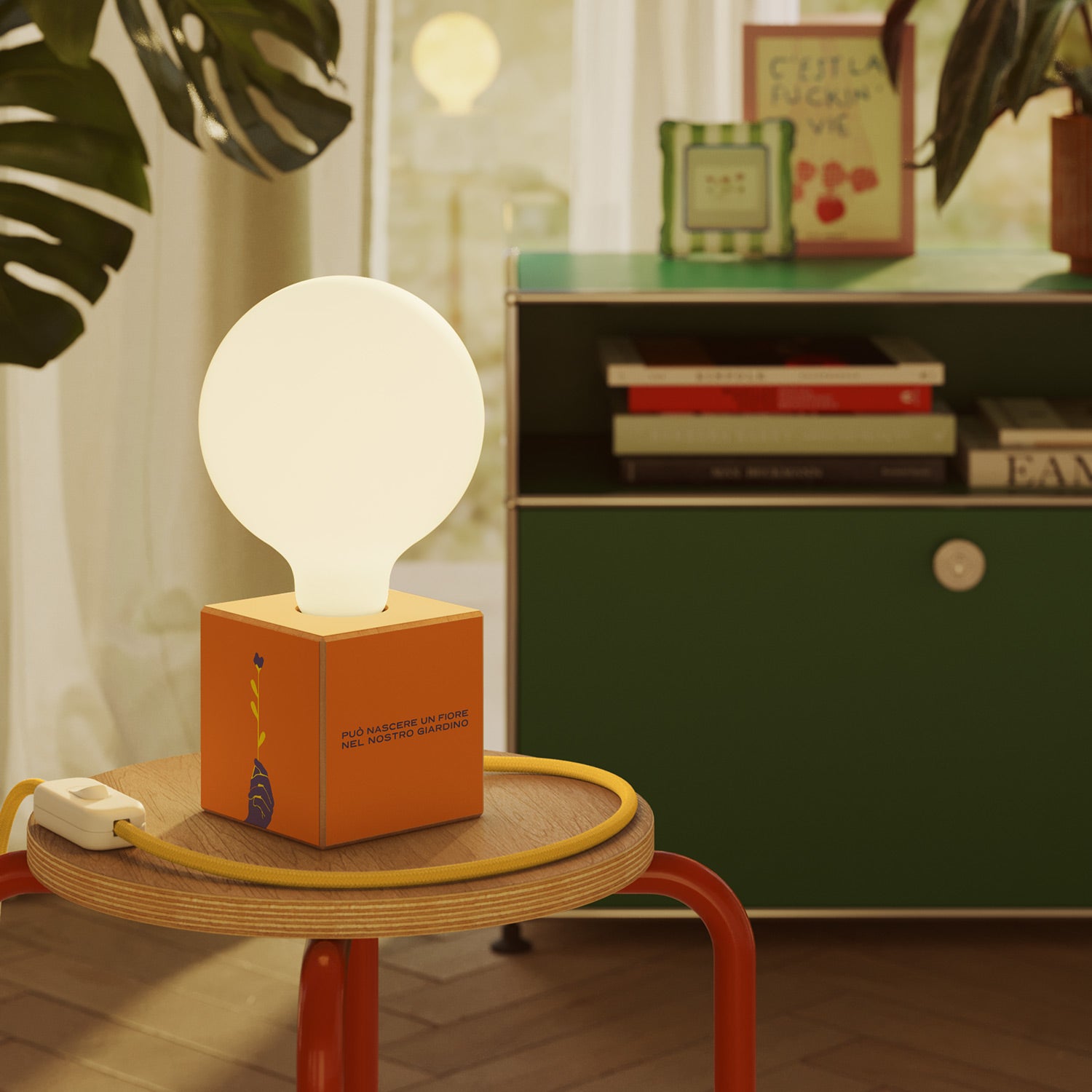 Cubetto table lamp with US plug, "Può nascere un fiore" porcelain effect globe bulb - Santomanifesto