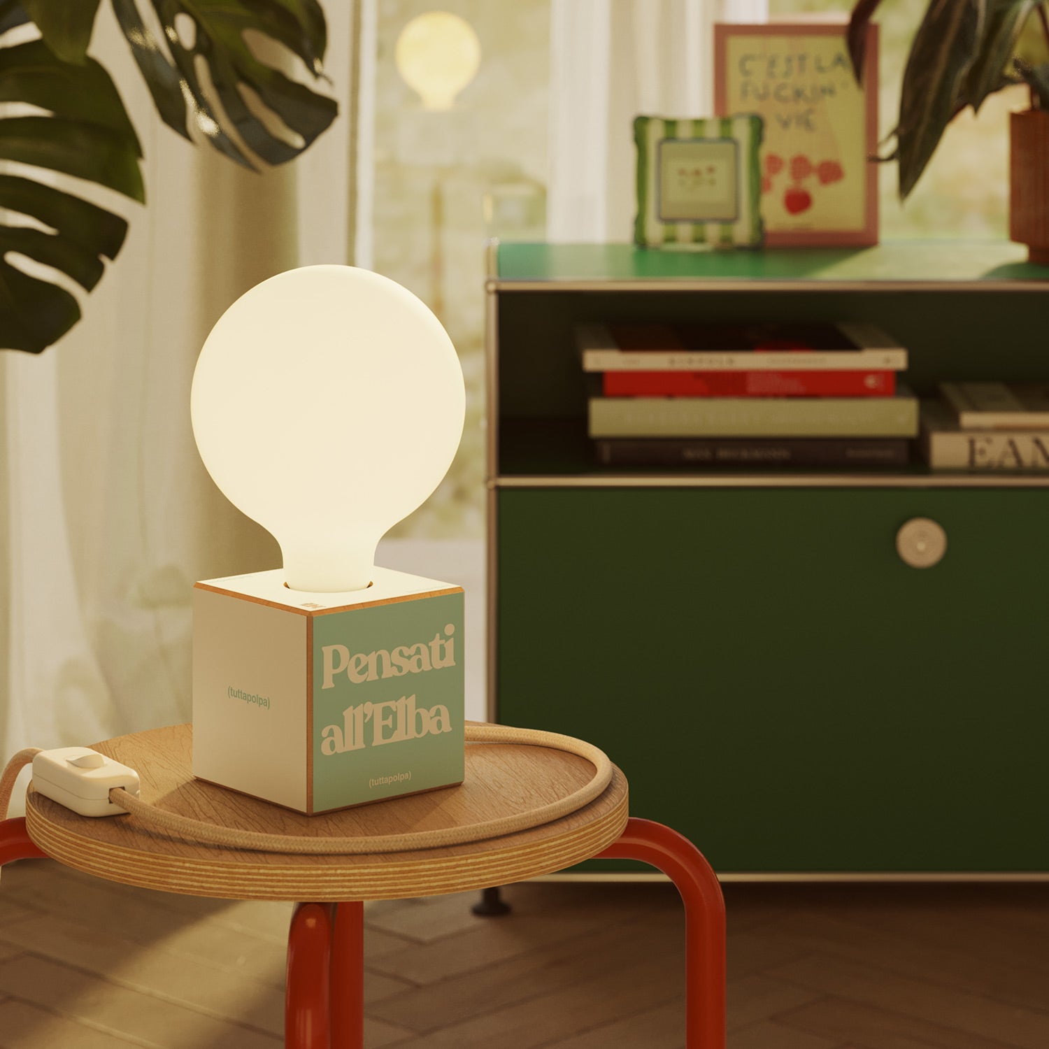 Cubetto table lamp with US plug, "Pensati all’Elba" porcelain effect globe bulb - Tuttapolpa