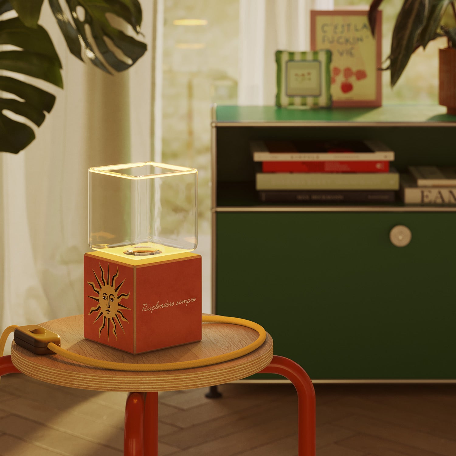 Cubetto table lamp with US plug, "Il sole" Ghost bulb - Santomanifesto