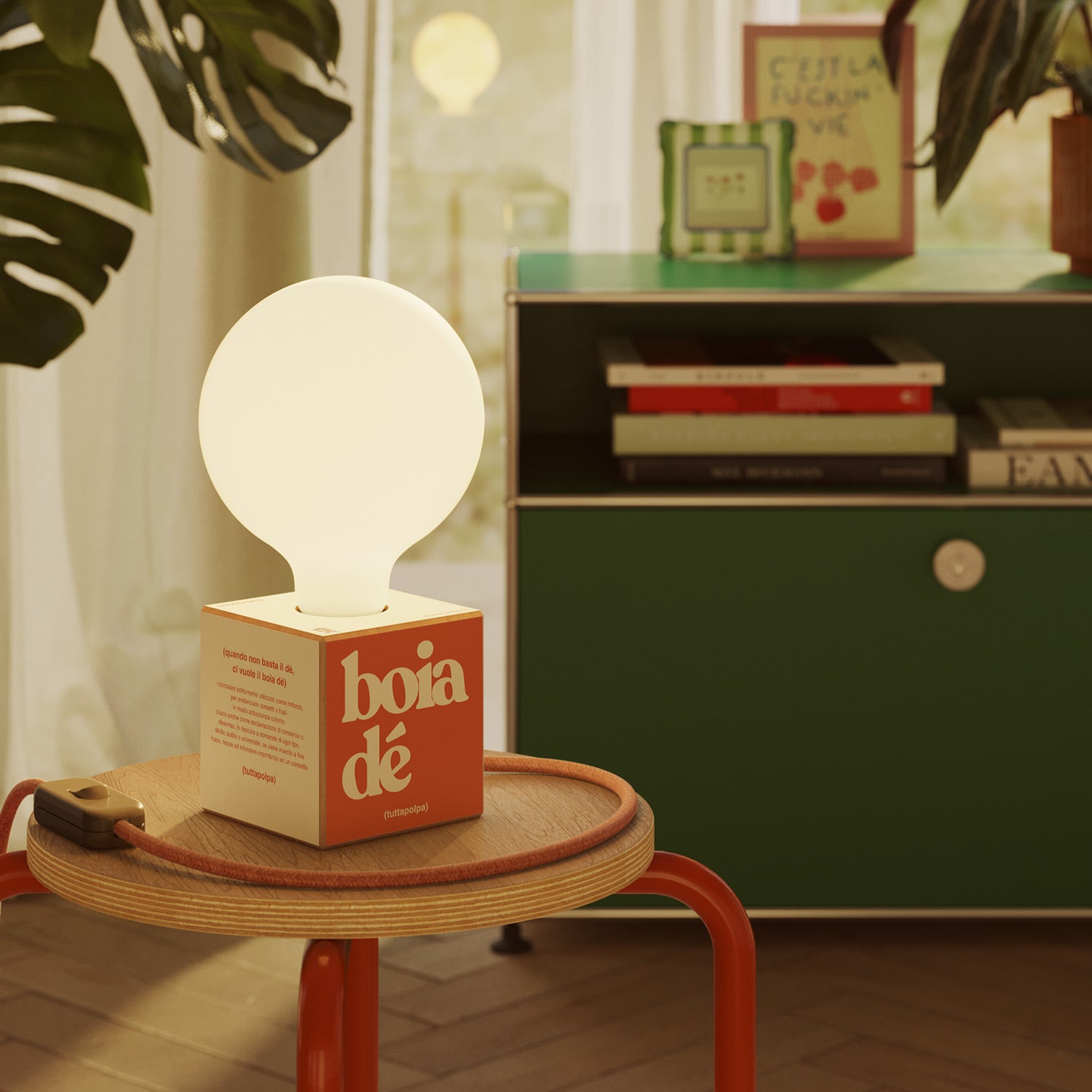 Cubetto table lamp with US plug, "Boia de" porcelain effect globe bulb - Tuttapolpa