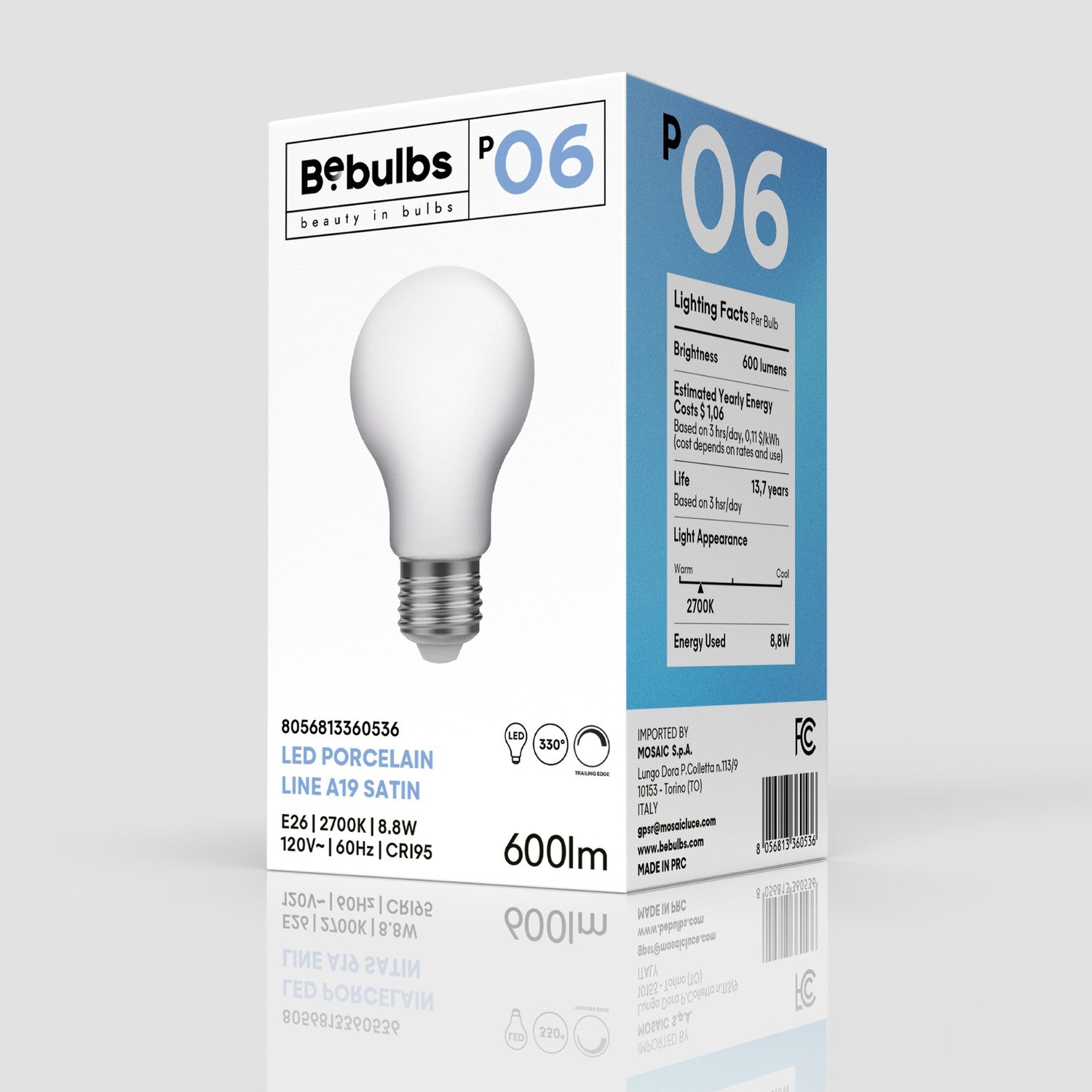 LED Porcelain Effect Light Bulb CRI 95 A19 8.8W 600Lm E26 120V 2700K Dimmable - P06